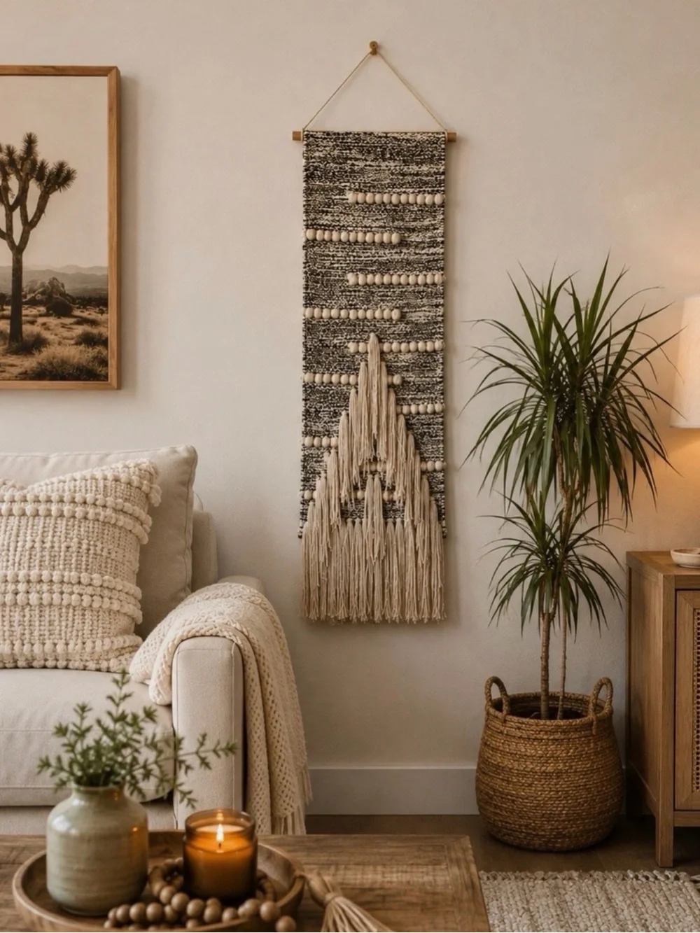 Neutral Black & Cream Woven Wall Hanging - Boho Home Decor